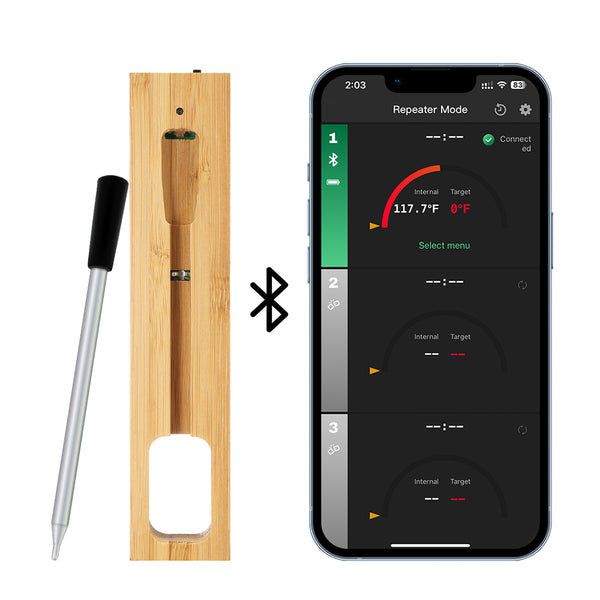 Termómetro para cocinar y freír - WIFI con APP para freír - Repetidor asegura larga distancia al móvil - Horno, parrilla o sartén.