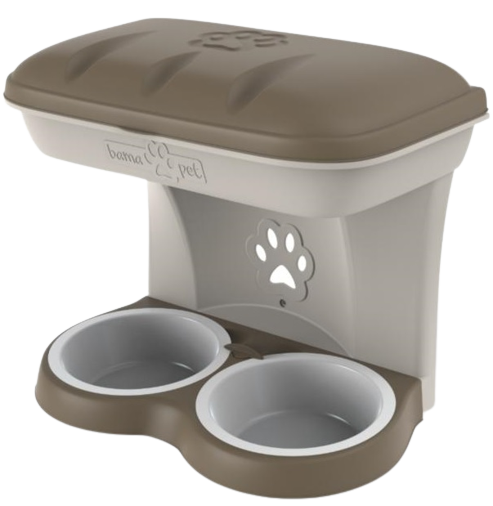 Feed and water bowls - Practical stand for standing or hanging - Storage space