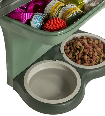 Feed and water bowls - Practical stand for standing or hanging - Storage space