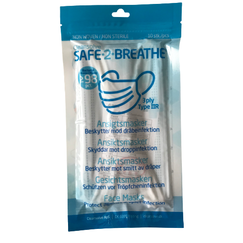 Safe2Breathe - Boquilla - mascarillas faciales - 3 capas tipo IIR - Marcado CE - Paquete de 10