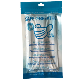 Safe2Breathe - Boquilla - mascarillas faciales - 3 capas tipo IIR - Marcado CE - Paquete de 10