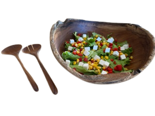 Salad set in Teak wood - consisting of bowl approx. 30 cm in diameter and 10 cm high as well as salad cutlery
